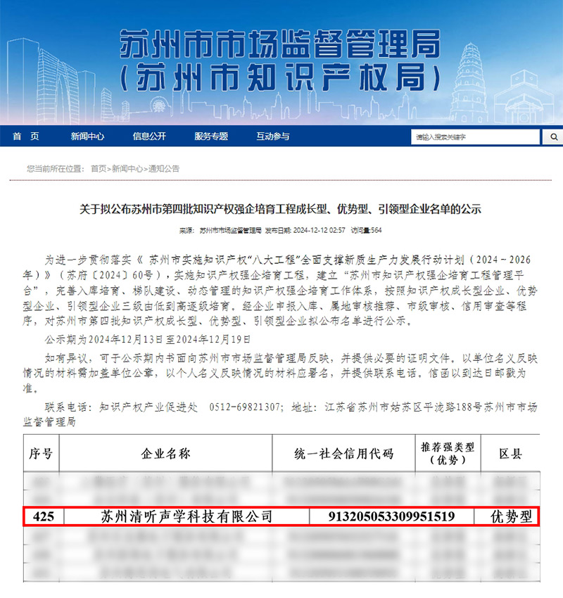 清聽聲學(xué)憑借卓越的知識(shí)產(chǎn)權(quán)管理與創(chuàng)新能力，成功入選“優(yōu)勢(shì)型企業(yè)”。