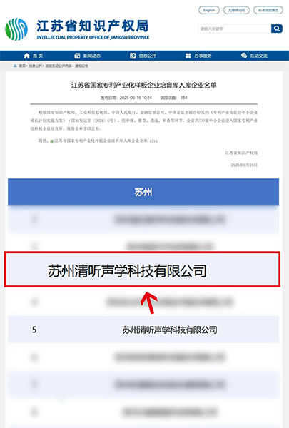 清聽聲學(xué)入選江蘇省國家專利產(chǎn)業(yè)化樣板企業(yè)培育庫